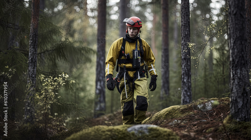 Firefighter in a forest. Generative AI