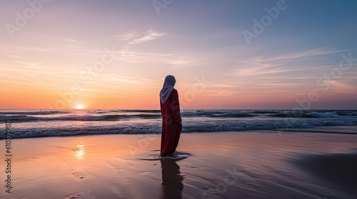 Muslim woman standing on the beach at sunset. Generative AI © AI Studio - R