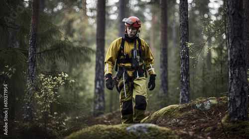 Firefighter in a forest. Generative AI © AI Studio - R