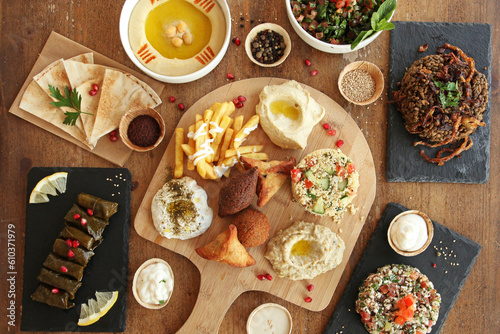 Lebanese mezze appetizers served on a wooden table