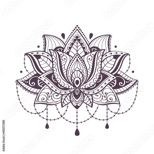 Boho style lotos flower, isolated on white background, hand drawn vector illustration