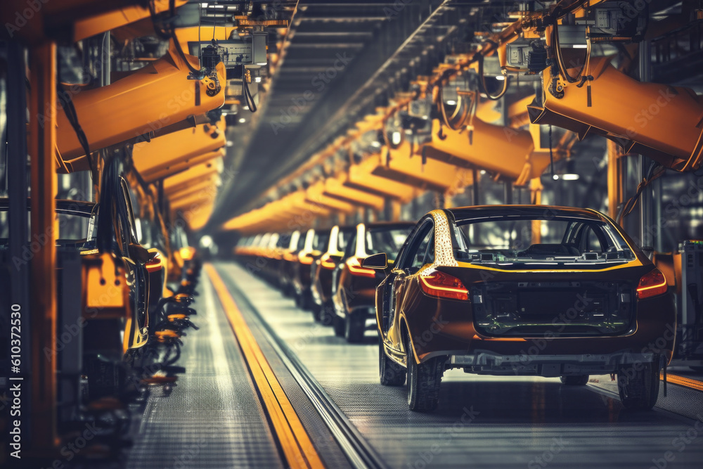 Car factory with robotic arms at assembly line. Automated vehicle conveyor welding car frames. Created with Generative AI Car factory with robotic arms at assembly line. Automated vehicle conveyor welding car frames. Created with Generative AI