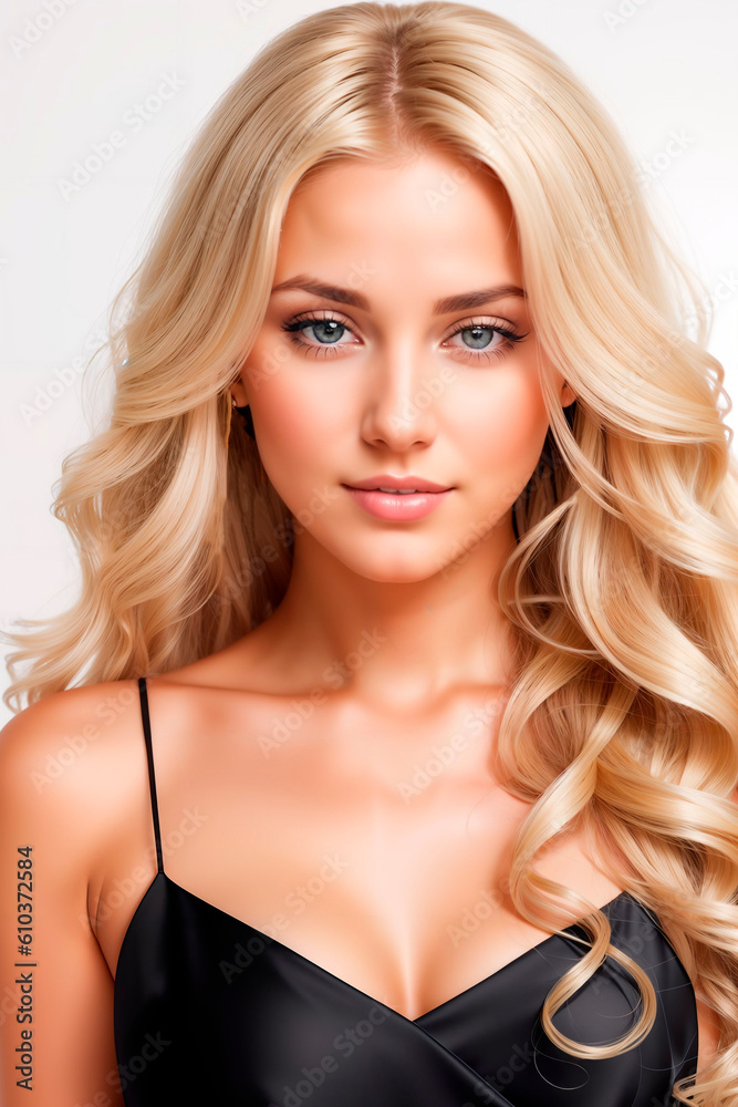 Blonde girl with long and shiny wavy hair on grey background. Beautiful model with curly hairstyle. Generative AI. Blonde girl with long and shiny wavy hair on grey background. Beautiful model with curly hairstyle. Generative AI.