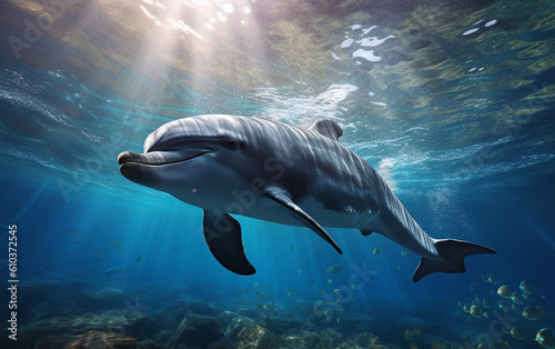 The dolphin swimming in the ocean, the sunlight shining through the sea surface creates a dramatic beauty.  Generative AI