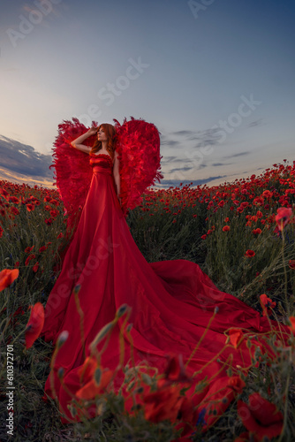 Beautiful woman with red wings in poppies field