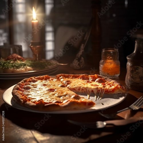 Freshly baked pizza margherita with warm, soft lighting