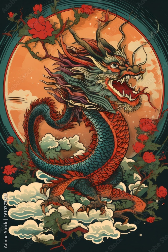 Poster for Chinese New Year with dragon. Illustration AI Generative