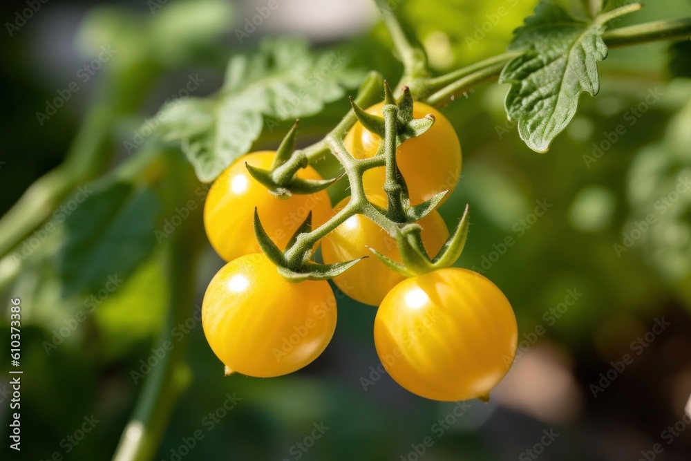 Yellow ripe tomato in garden. Illustration AI Generative.