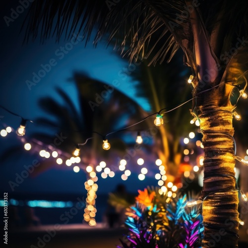 Summer night beach party background. Illustration AI Generative.