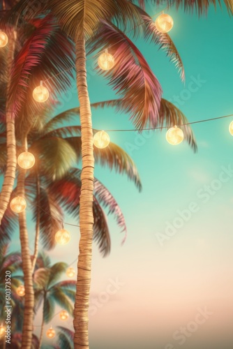 Summer night beach party background. Illustration AI Generative.
