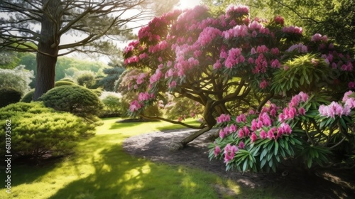 Rhododendron flower in summer garden. Illustration AI Generative.