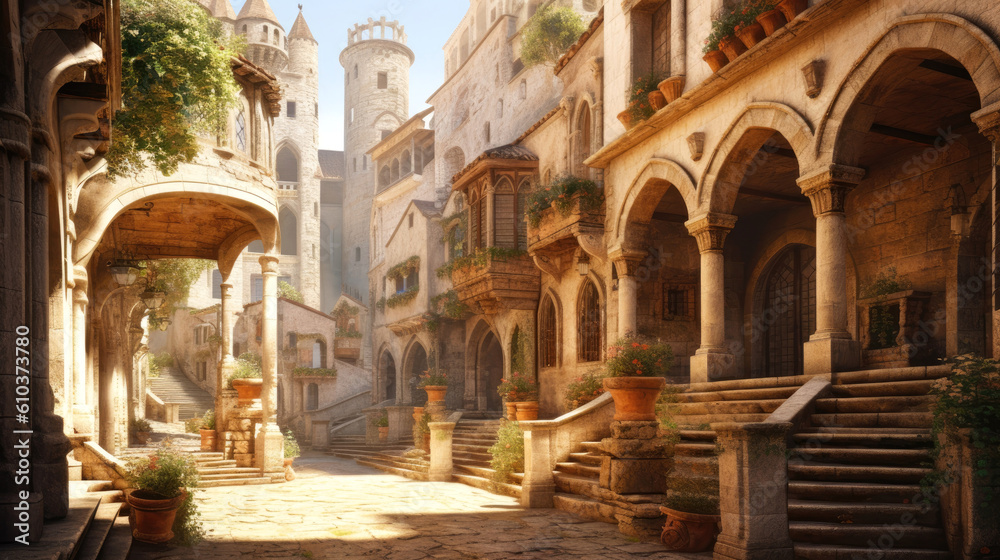 Fototapeta premium Captivating allure of a medieval town in Merengue, Spain. Generative AI