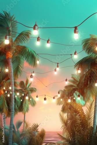 Summer night beach party background. Illustration AI Generative.