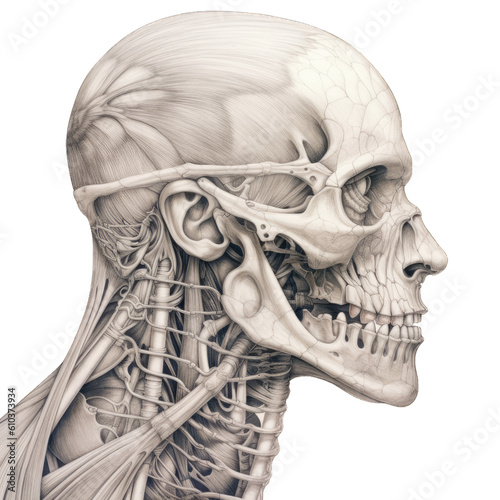 illustration of male head muscles anatomy side view, isolated on transparent background