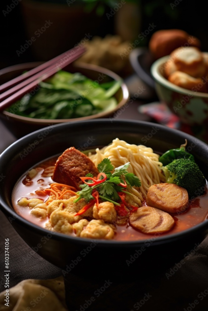 Asian curry noodle. Illustration AI Generative. Asian curry noodle. Illustration AI Generative.