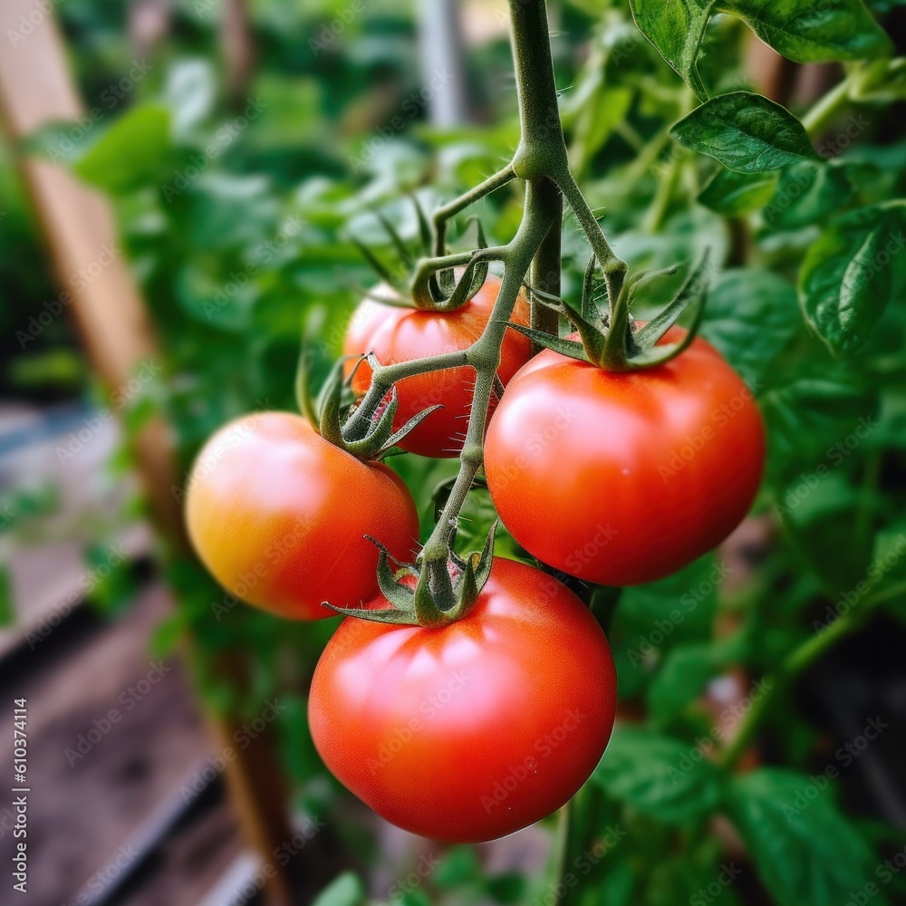 Red ripe tomato in garden. Illustration AI Generative