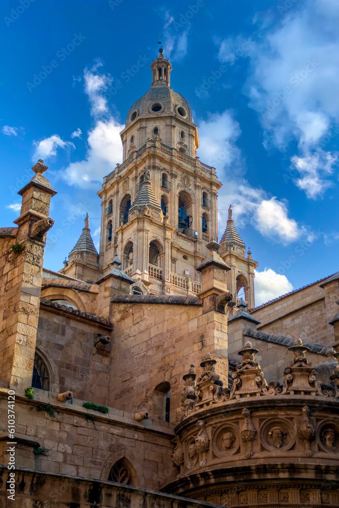 Vertical view of the south façade of the Cathedral of Santa Maria in Murcia, Spain with recognizable Renaissance and Gothic styles and the bell tower in the background