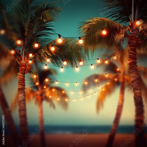 Summer night beach party background. Illustration AI Generative.