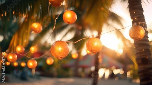 Summer night beach party background. Illustration AI Generative.