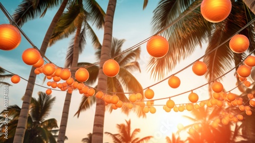 Summer night beach party background. Illustration AI Generative.