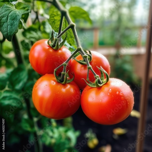 Red ripe tomato in garden. Illustration AI Generative