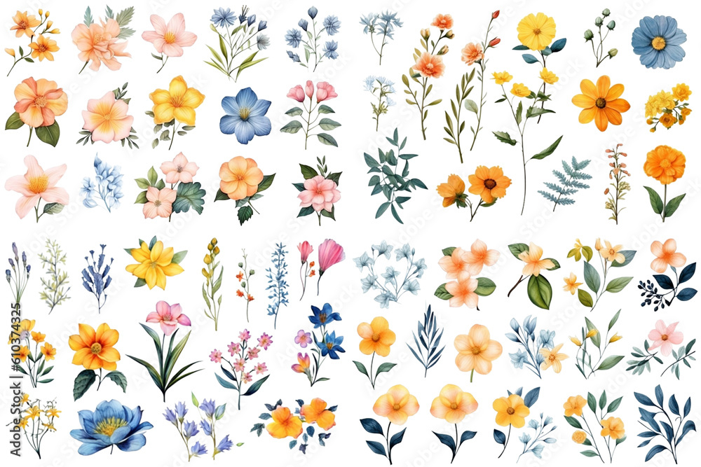 Watercolor flowers on a white background without shadows for illustration.