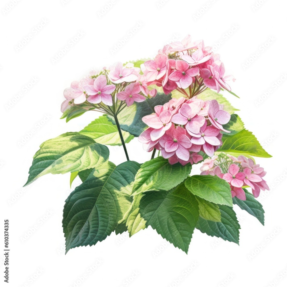 Hydrangea bush in blossom in flowerpot isolated Illustration AI Generative. Hydrangea bush in blossom in flowerpot isolated Illustration AI Generative.
