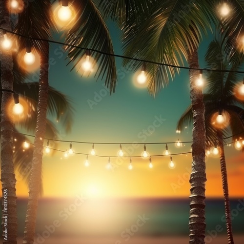 Summer night beach party background. Illustration AI Generative.