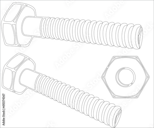 Blueprint screw, isometric bolt outline for printing in catalogue and advertising 
