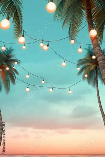 Summer night beach party background. Illustration AI Generative.