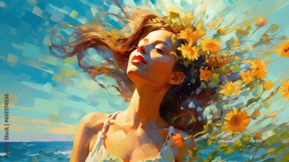 Impressionist painting, girl on summer background. Illustration AI Generative. Impressionist painting, girl on summer background. Illustration AI Generative.