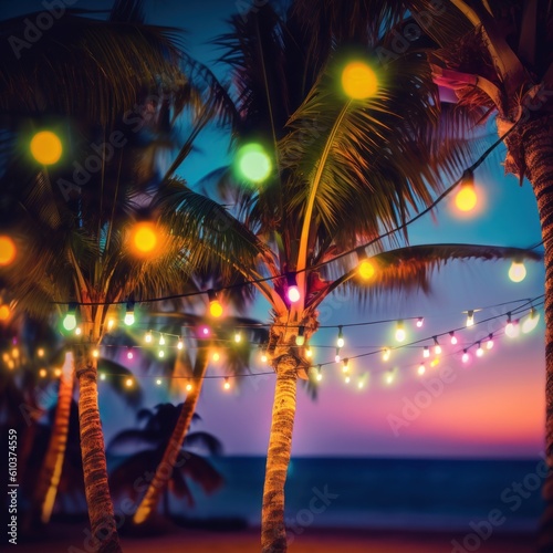 Summer night beach party background. Illustration AI Generative.
