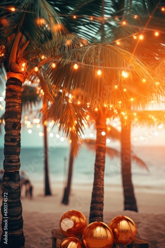 Summer night beach party background. Illustration AI Generative.