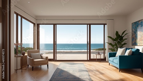 Living room with a view of the ocean  generative ai