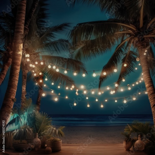 Summer night beach party background. Illustration AI Generative.
