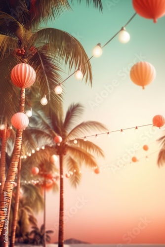 Summer night beach party background. Illustration AI Generative.
