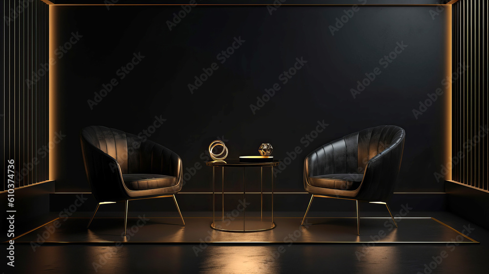 Black modern room. Dark relaxing interior with two armchairs and a coffee table.