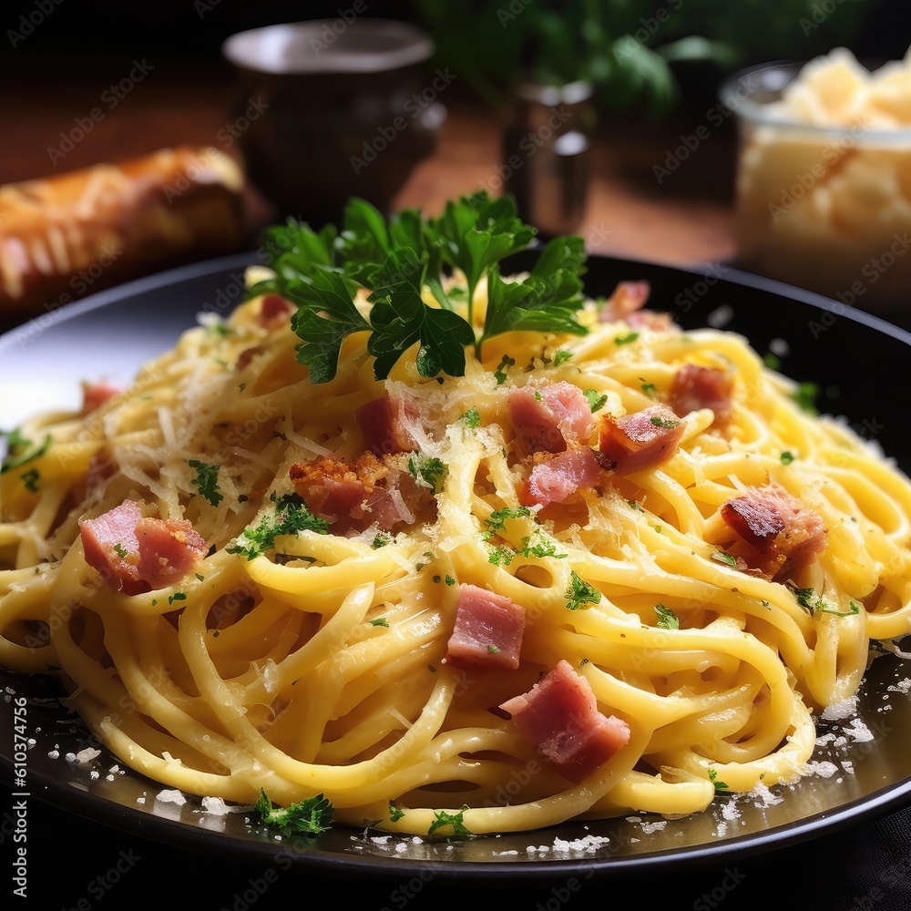 Carbonara, Roman pasta dish made with eggs, hard cheese, cured pork, and black pepper.