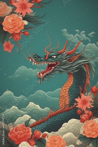 Poster for Chinese New Year with dragon. Illustration AI Generative © olegganko