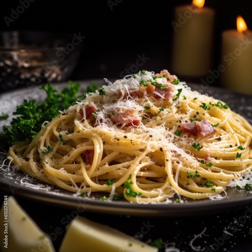 Carbonara  Roman pasta dish made with eggs  hard cheese  cured pork  and black pepper.