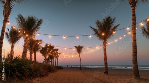 Summer night beach party background. Illustration AI Generative.