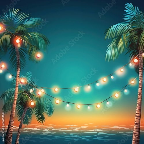 Summer night beach party background. Illustration AI Generative.
