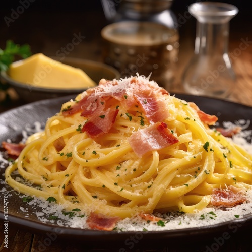 Carbonara, Roman pasta dish made with eggs, hard cheese, cured pork, and black pepper.