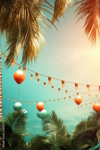 Summer night beach party background. Illustration AI Generative.