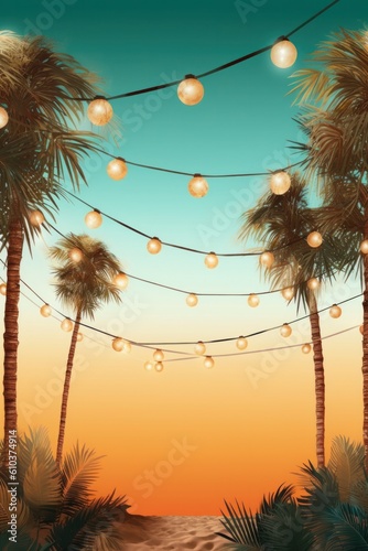 Summer night beach party background. Illustration AI Generative.