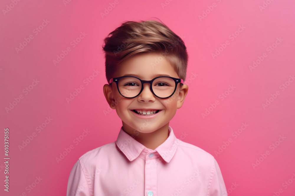 Cute Smart Little Child in Eyeglasses. Elementary School Student is Smiling on Copy Space.