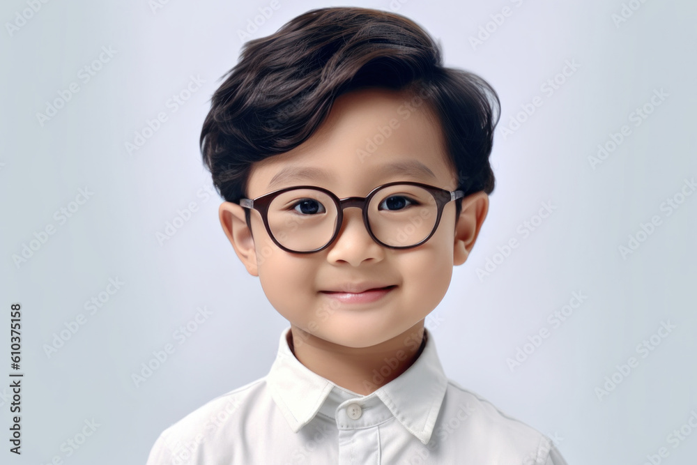 Portrait of Happy Asian Pre-School Boy in Glasses Isolated on White Background.
