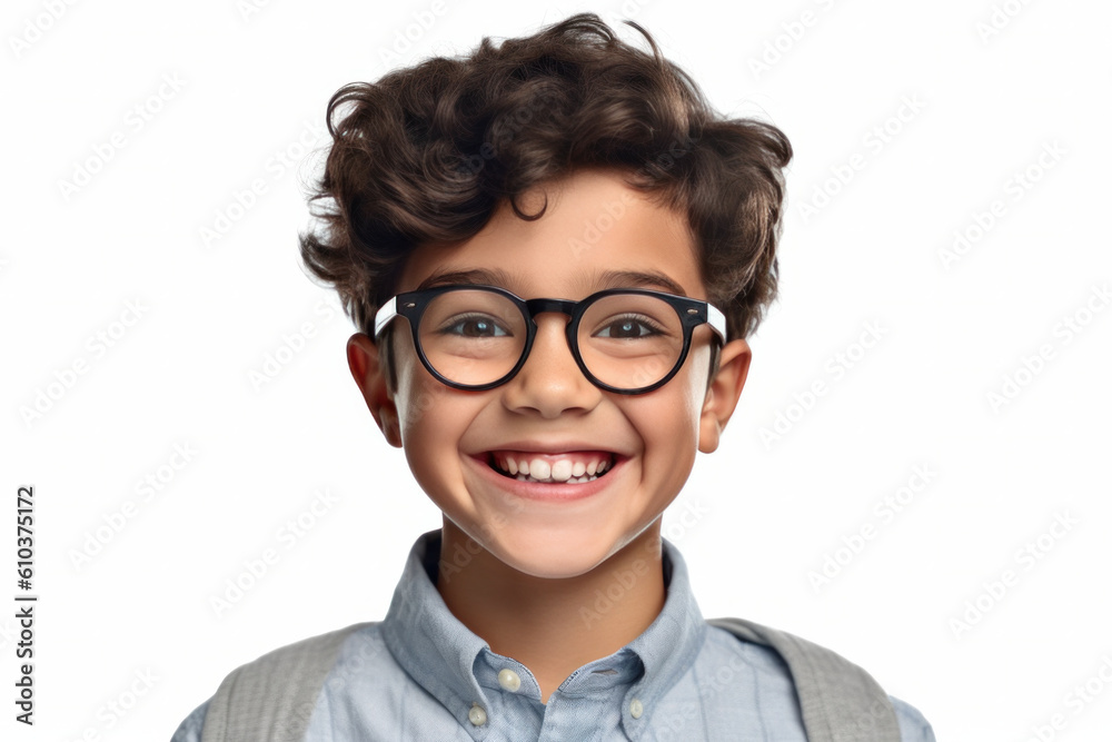 Spanish Boy is Primary School Student. Child is Smiling on Copy Space on White Background. Spanish Boy is Primary School Student. Child is Smiling on Copy Space on White Background.