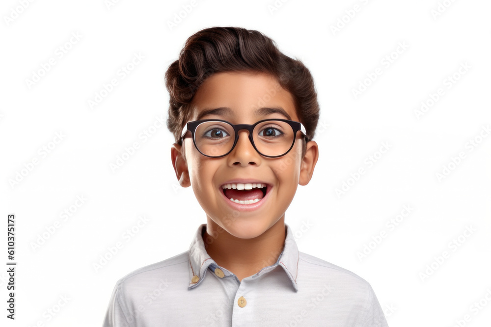 Preschool Middle Eastern Kid on White Background. Elementary School Student Smiling on Copy Space. Preschool Middle Eastern Kid on White Background. Elementary School Student Smiling on Copy Space.