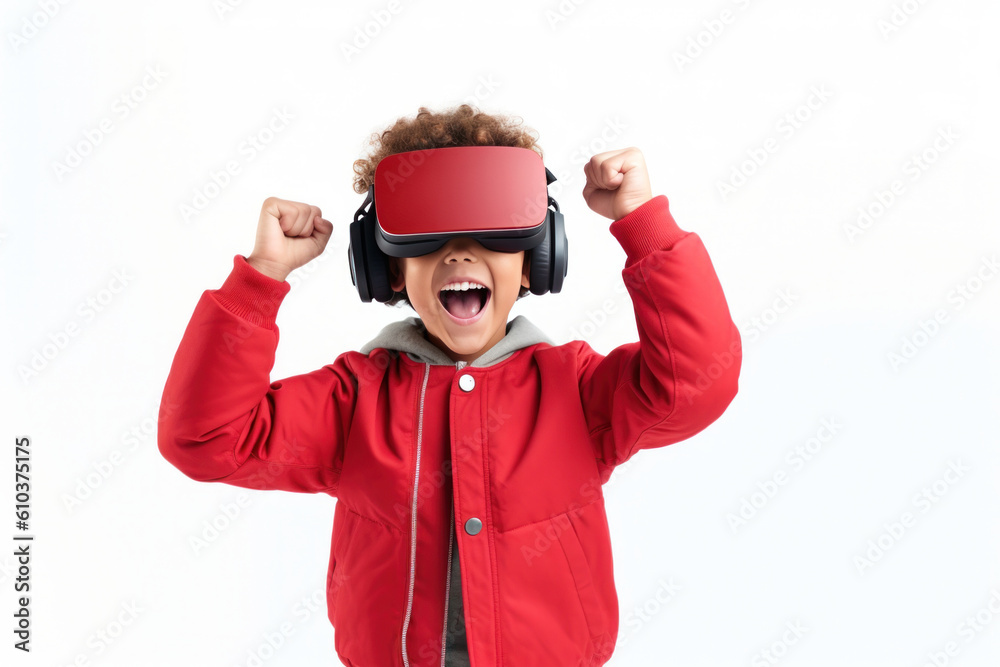 African American Kid is Having Fun in VR Glasses. Video Game Playing or Modern Education. African American Kid is Having Fun in VR Glasses. Video Game Playing or Modern Education.